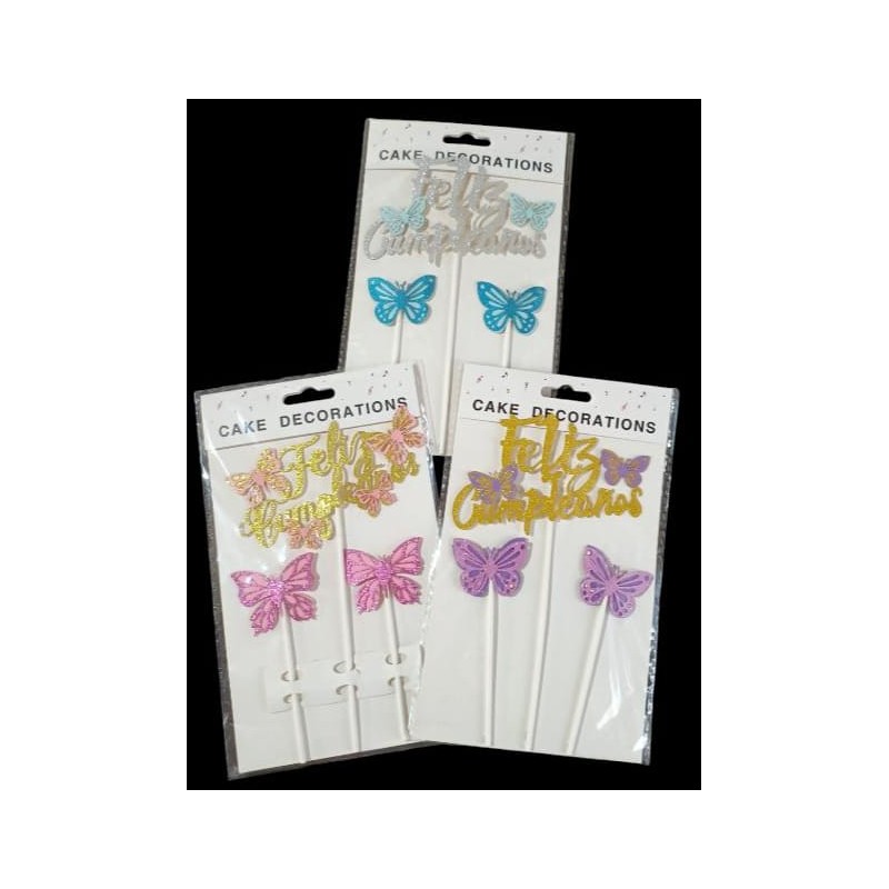 Topper FELIZ CUMPLE ( cursiva) MARIPOSA x1